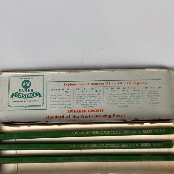 A.W. Faber Castell Vintage 3 Unsharpened Drawing Pencil Set In Metal Tin USA - Picture 3 of 7